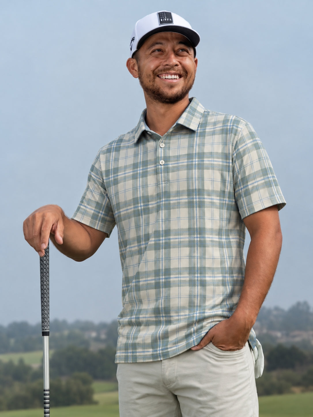 Sage Plaid Performance Golf Polo